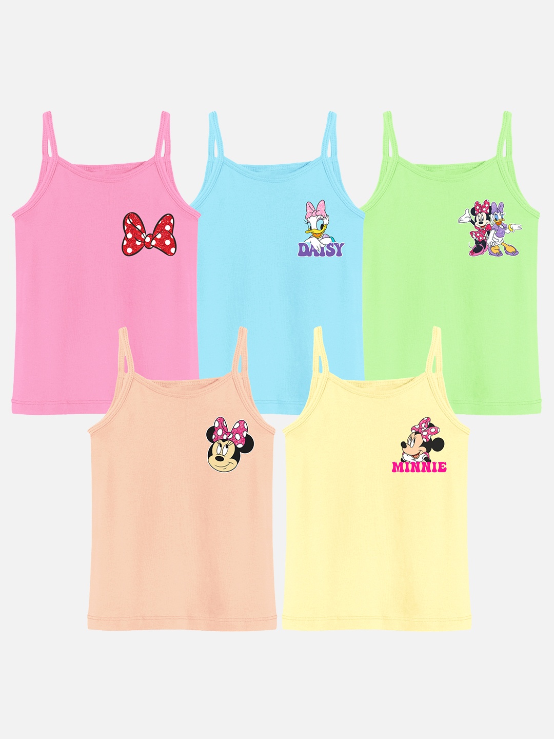 

YK Disney Girls Pack of 5 Mickey & Friends Printed Cotton Camisoles, Yellow