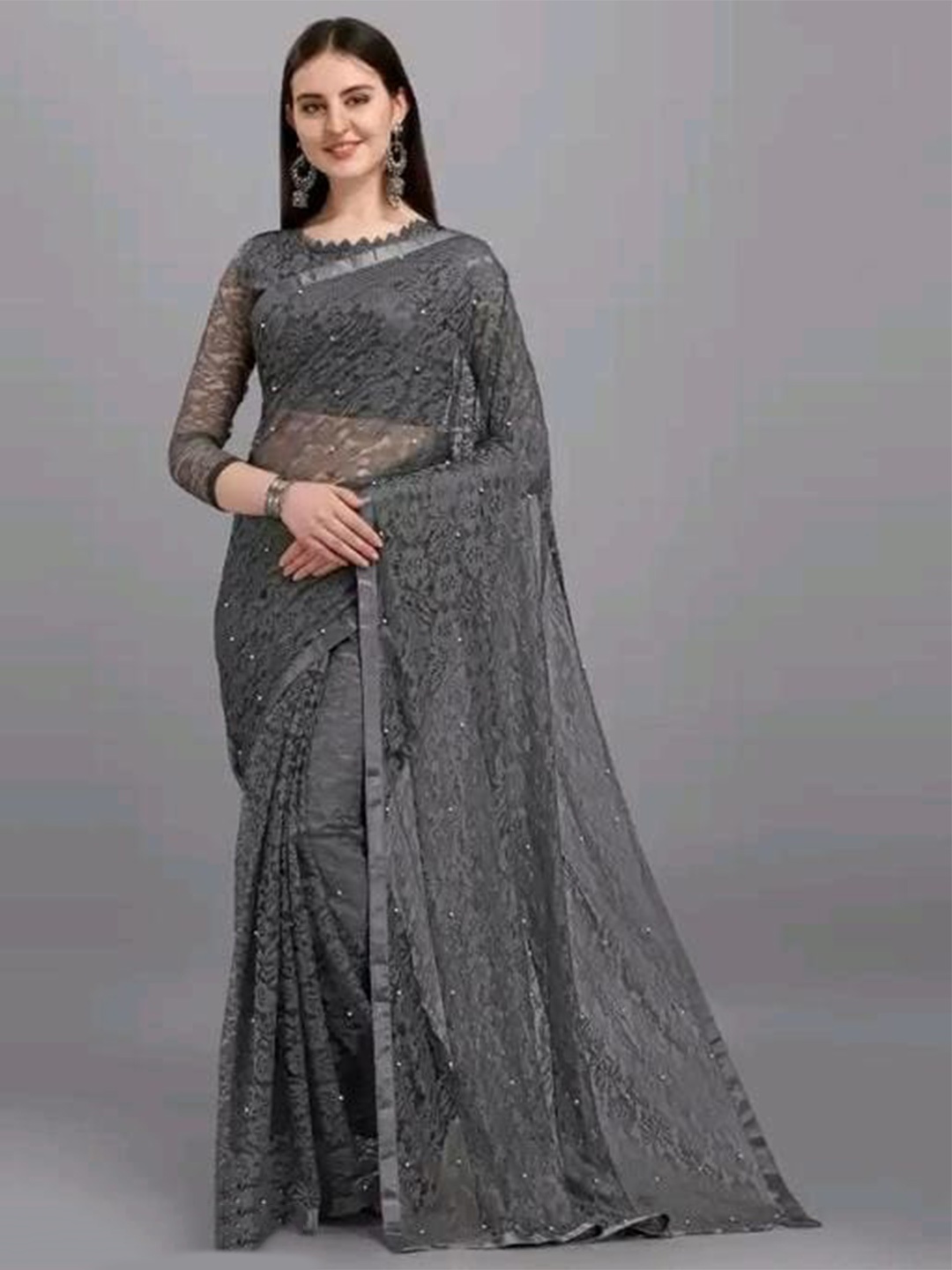 

KALINI Floral Embroidered Net Saree, Grey