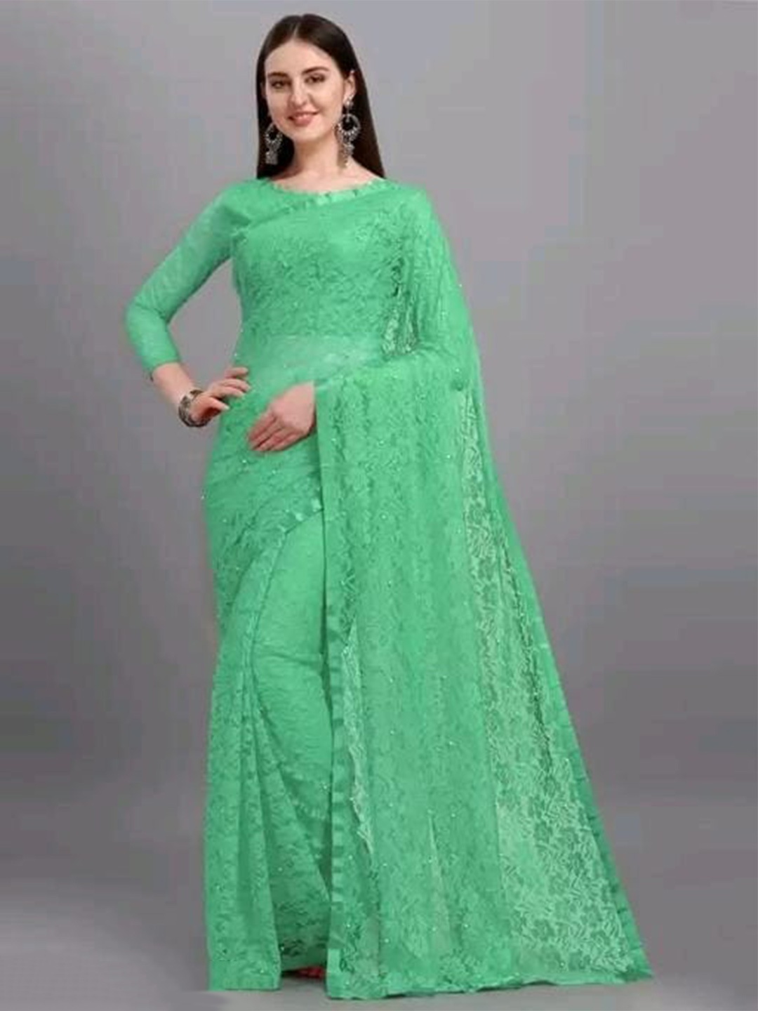 

KALINI Floral Embroidered Net Saree, Green