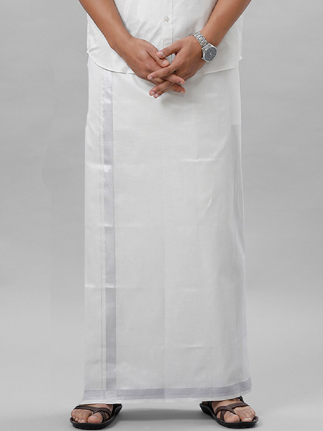 

Ramraj Men Loose Fit Tissue Dhoti With Zari Border, White