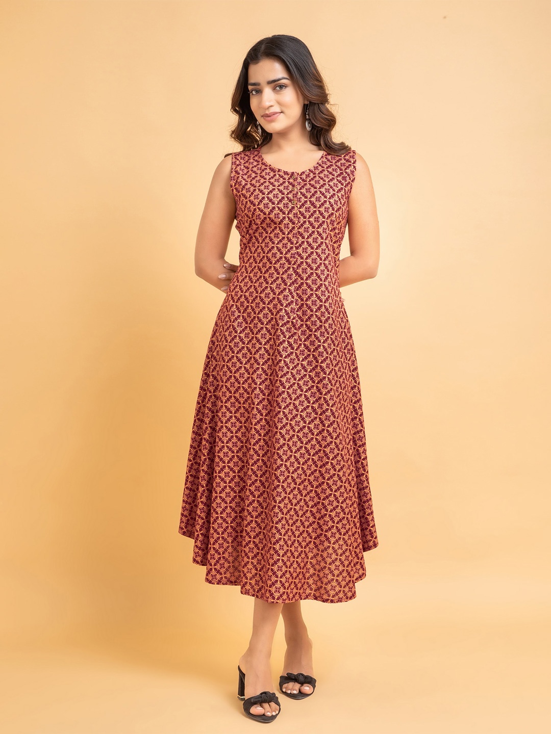

SUTI Ethnic Motif Printed A Line Ethnic Dress, Maroon
