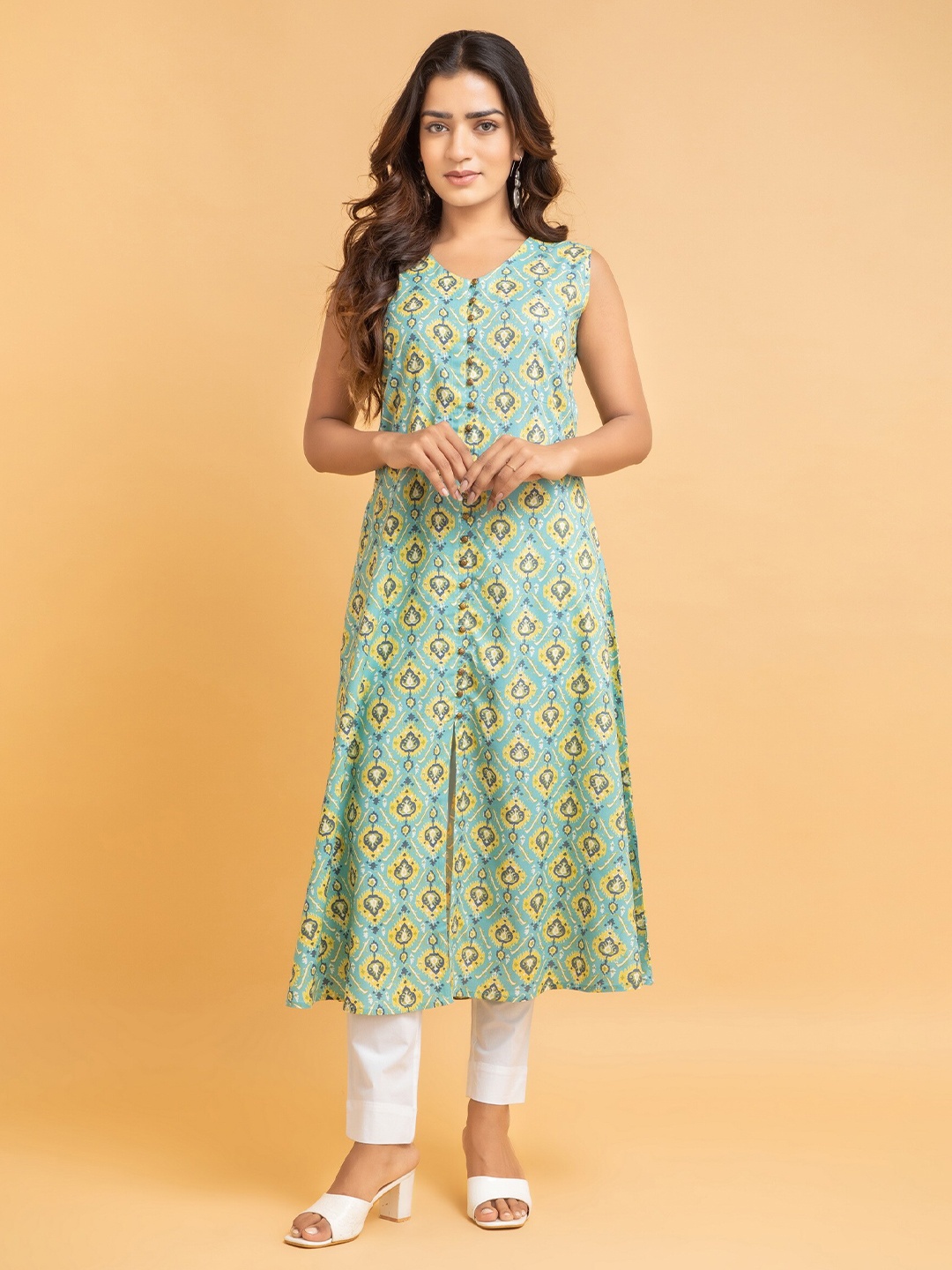 

SUTI Ethnic Motifs Printed A-Line Midi Kurta, Fluorescent green