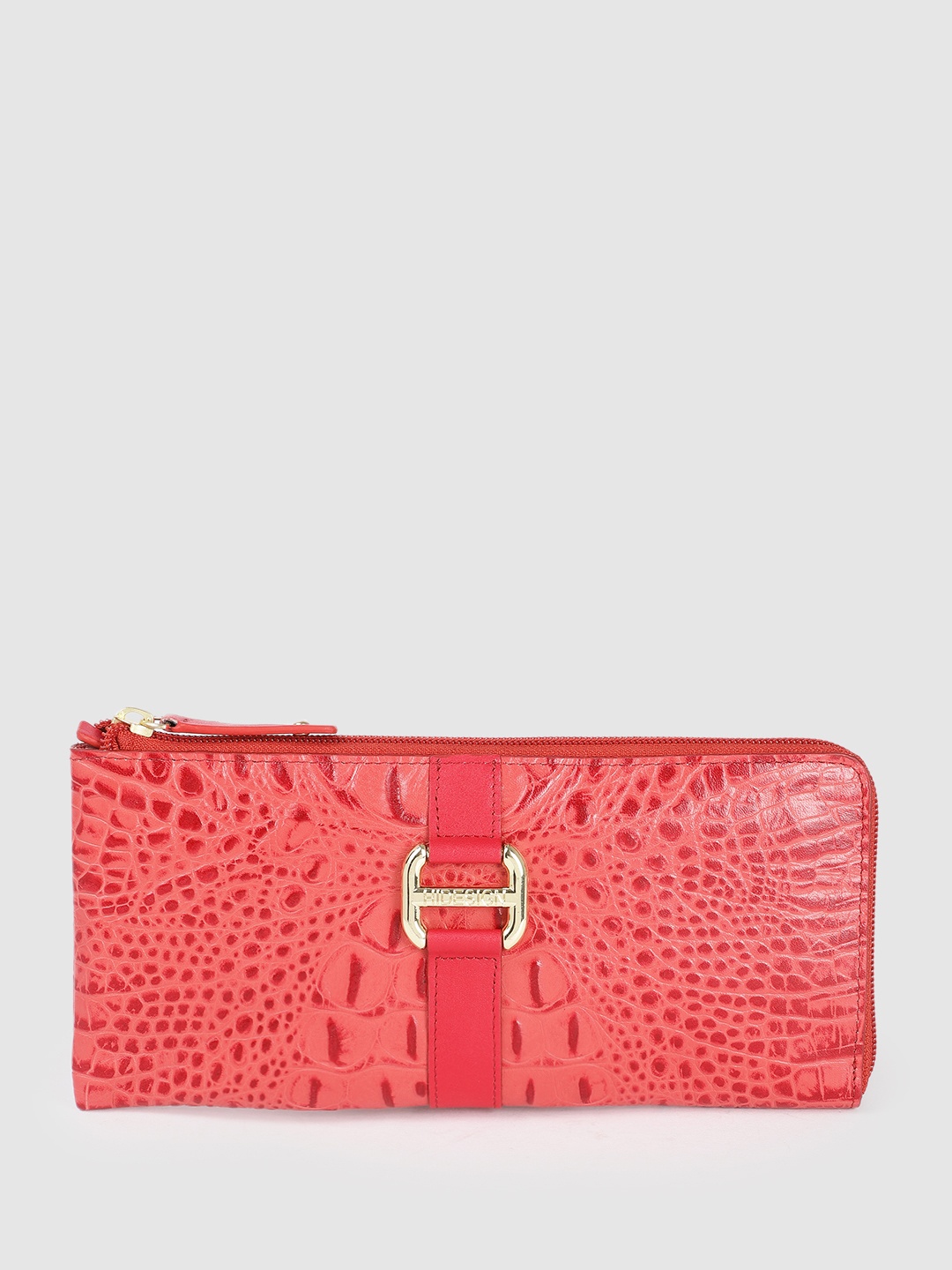 

Hidesign Women Crocodile Textured Buckle Detail Leather Zip Around Wallet, Red