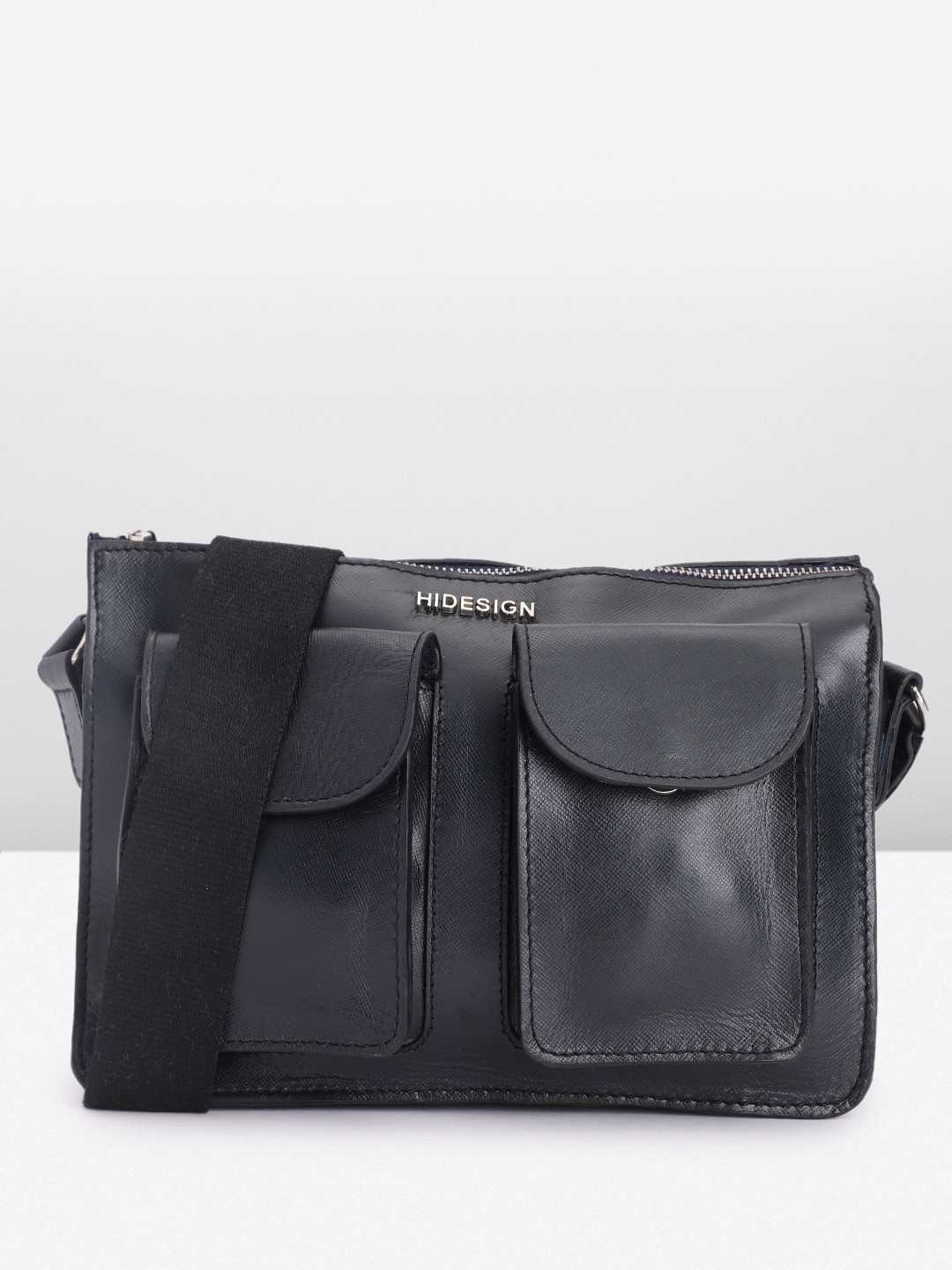 

Hidesign Leather Structured Sling Bag, Navy blue