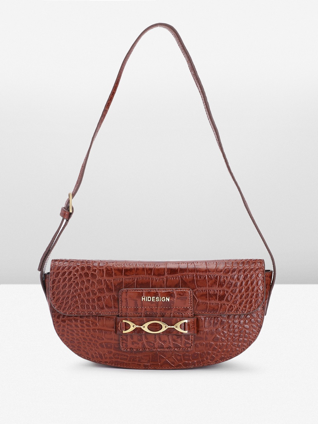 

Hidesign Crocodile Textured Leather Half Moon Shoulder With Chunky Embellished Detail, Brown