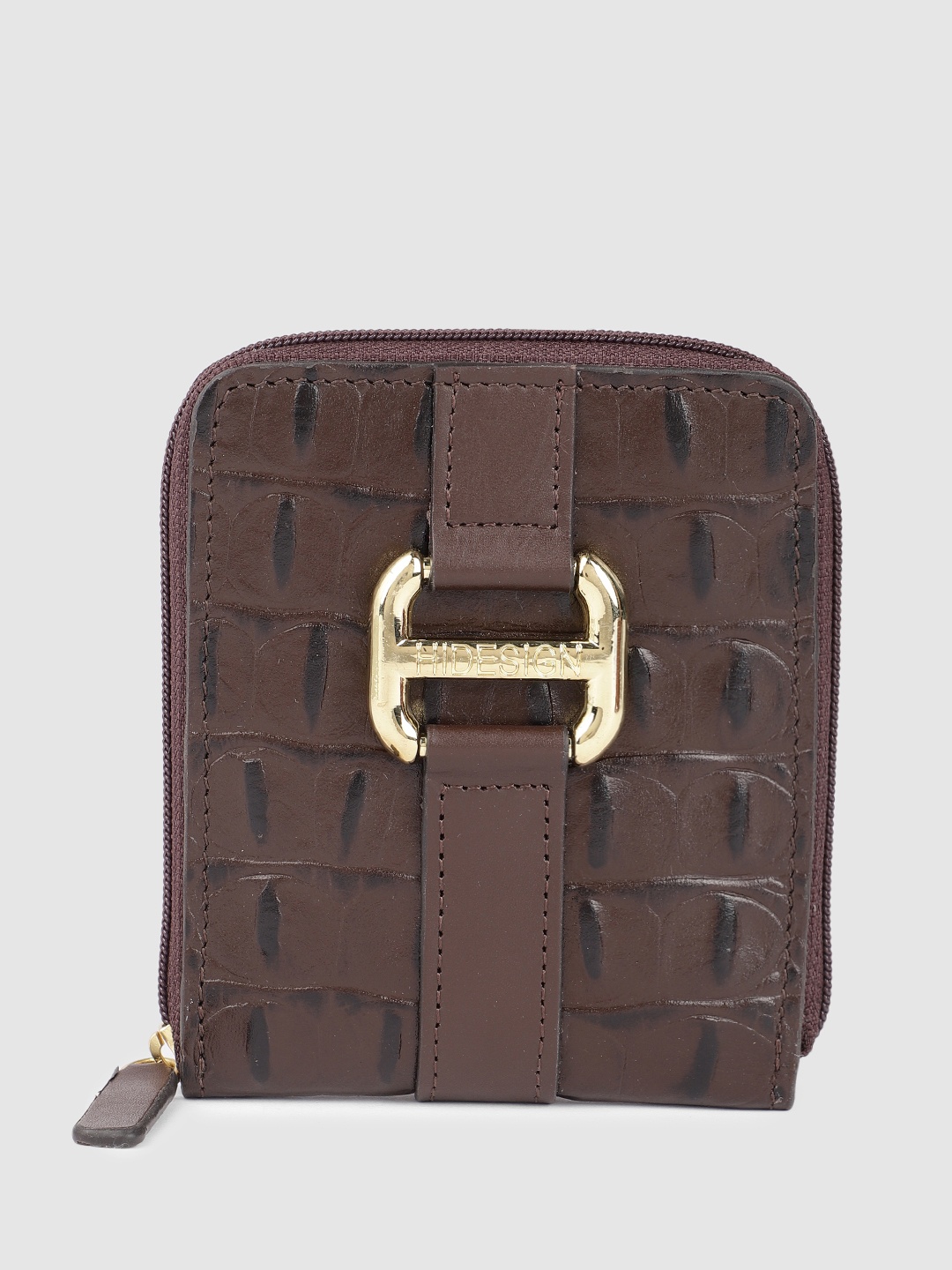 

Hidesign Women Croc Textured Buckle Detail Leather Zip Around Wallet, Brown