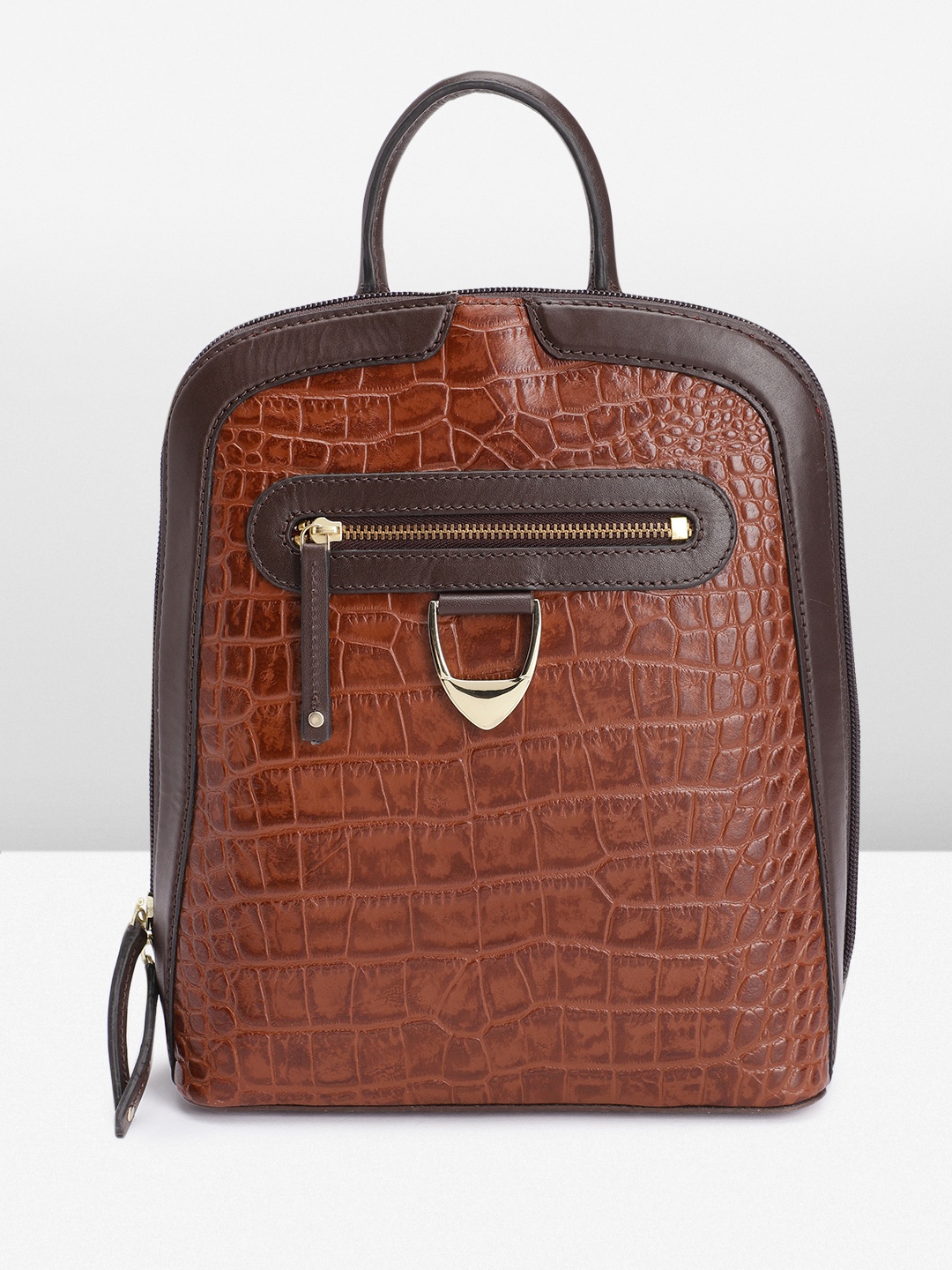 

Hidesign Women Croc Textured Backpack Cum Handbag, Brown