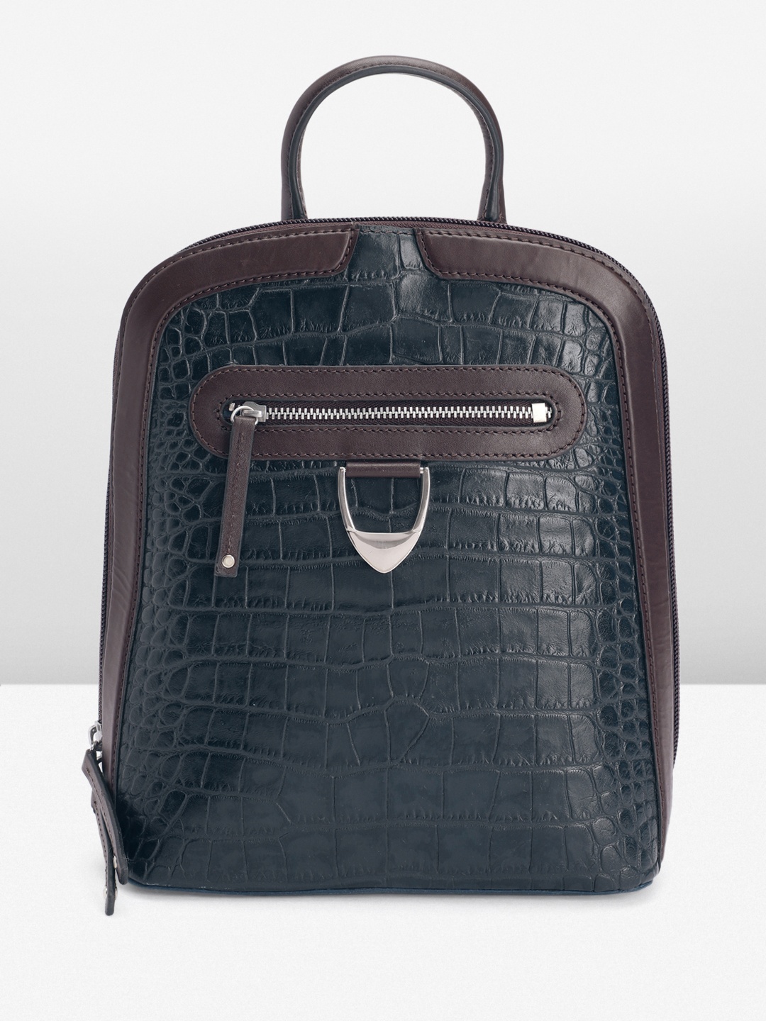 

Hidesign Crocodile Textured Leather Small Backpack Come Handheld Bag With Buckle Detail, Navy blue