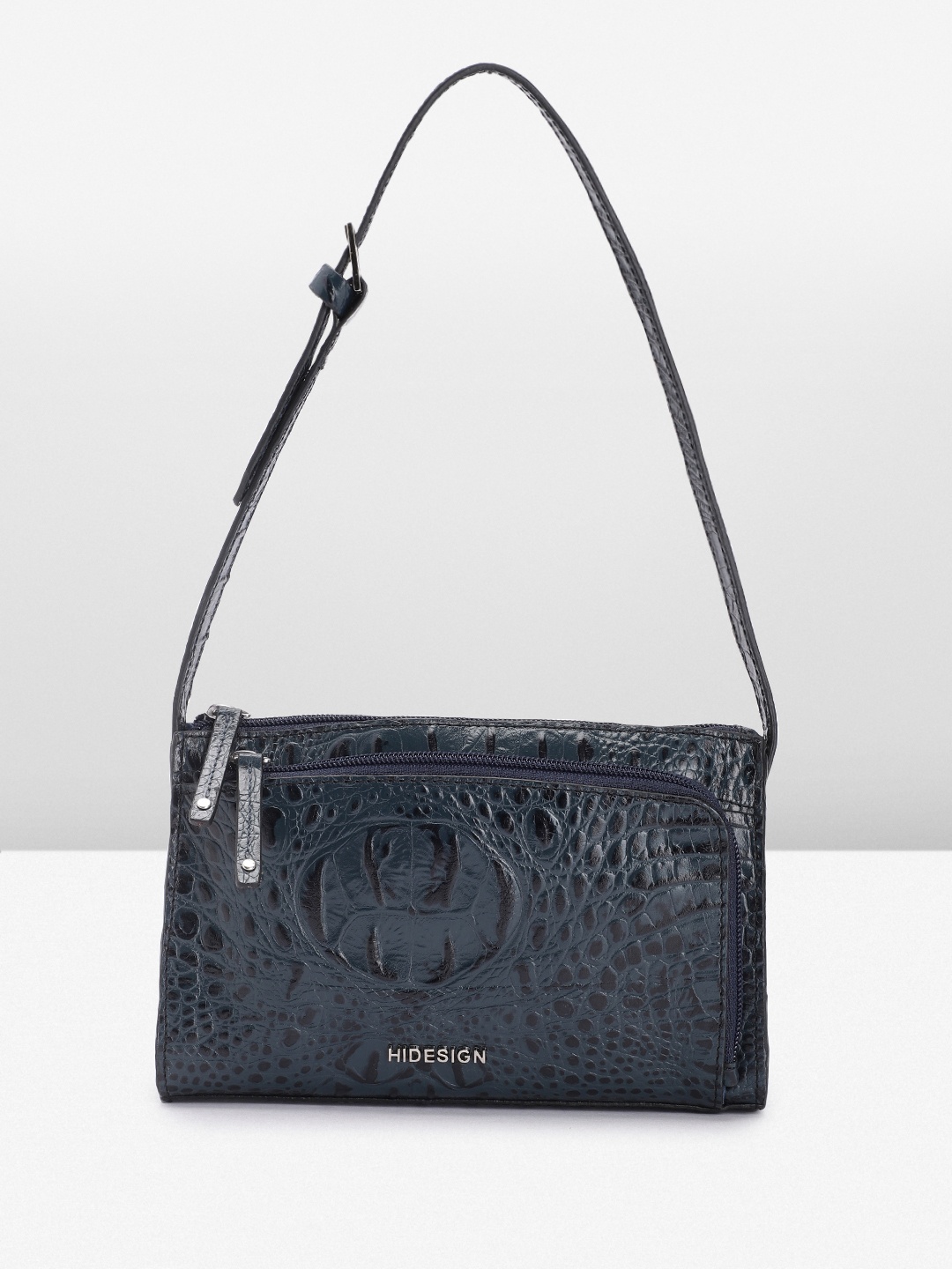 

Hidesign Croc Textured Leather Shoulder Bag, Navy blue