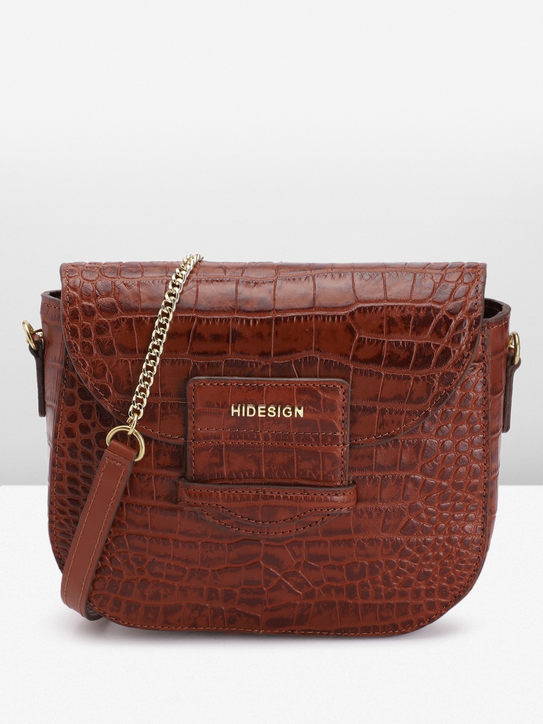 

Hidesign Crocodile Textured Leather Structured Sling Bag, Brown