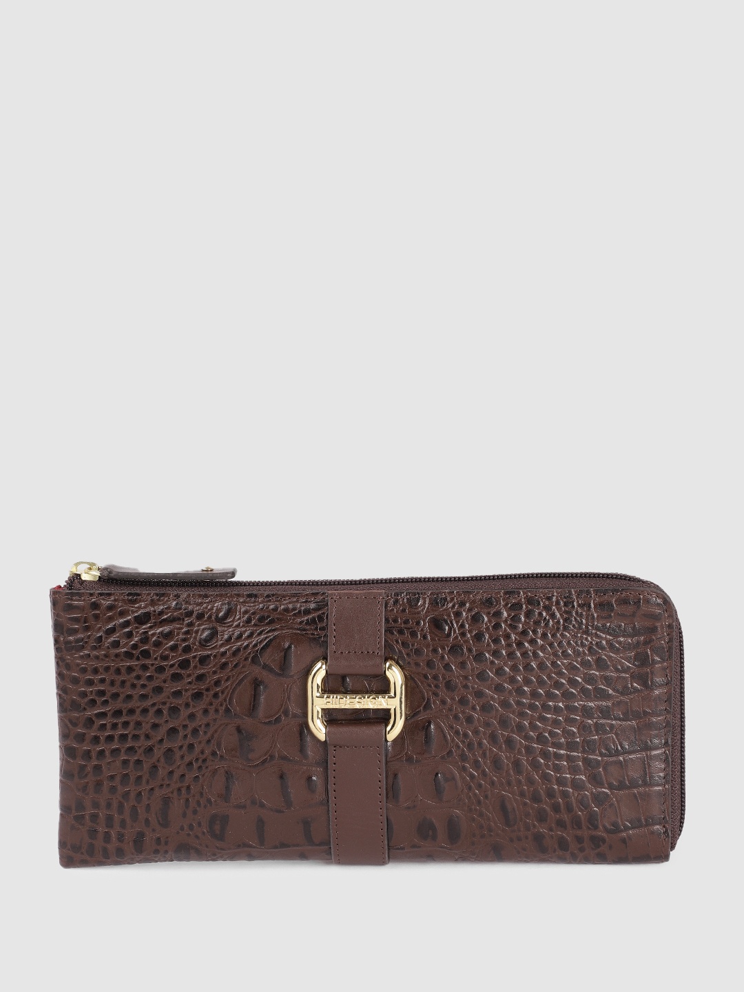 

Hidesign Women Crocodile Textured Buckle Detail Leather Zip Around Wallet, Brown