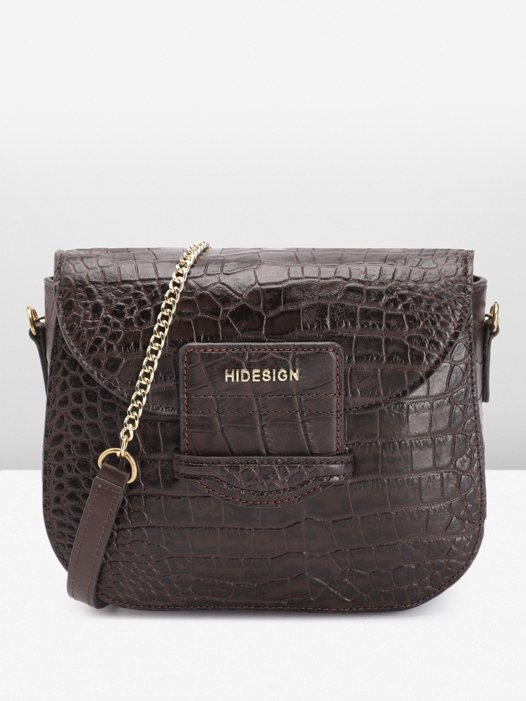 

Hidesign Crocodile Textured Leather Structured Sling Bag, Brown