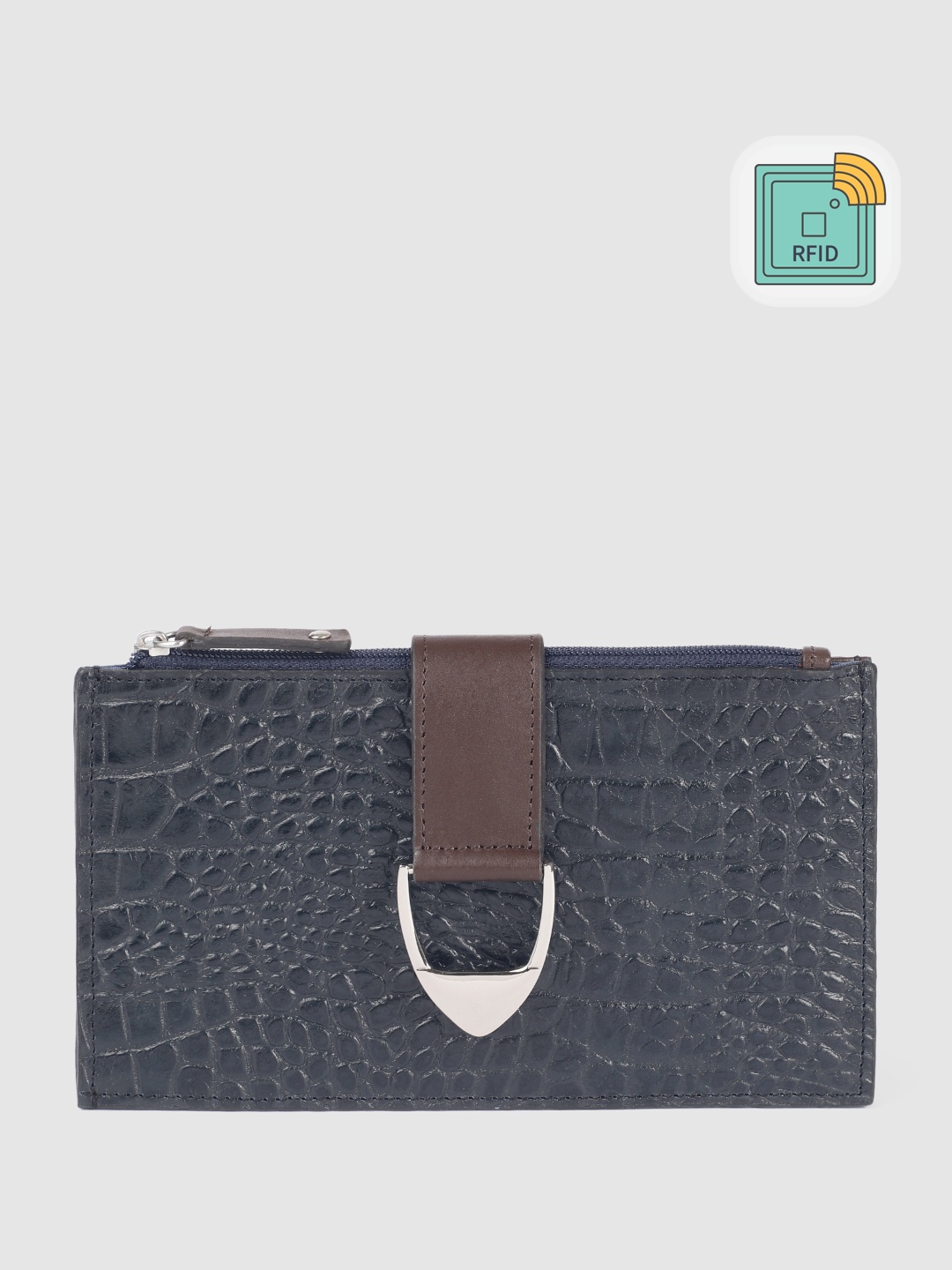 

Hidesign Women Croc Textured Leather Two Fold Wallet, Navy blue