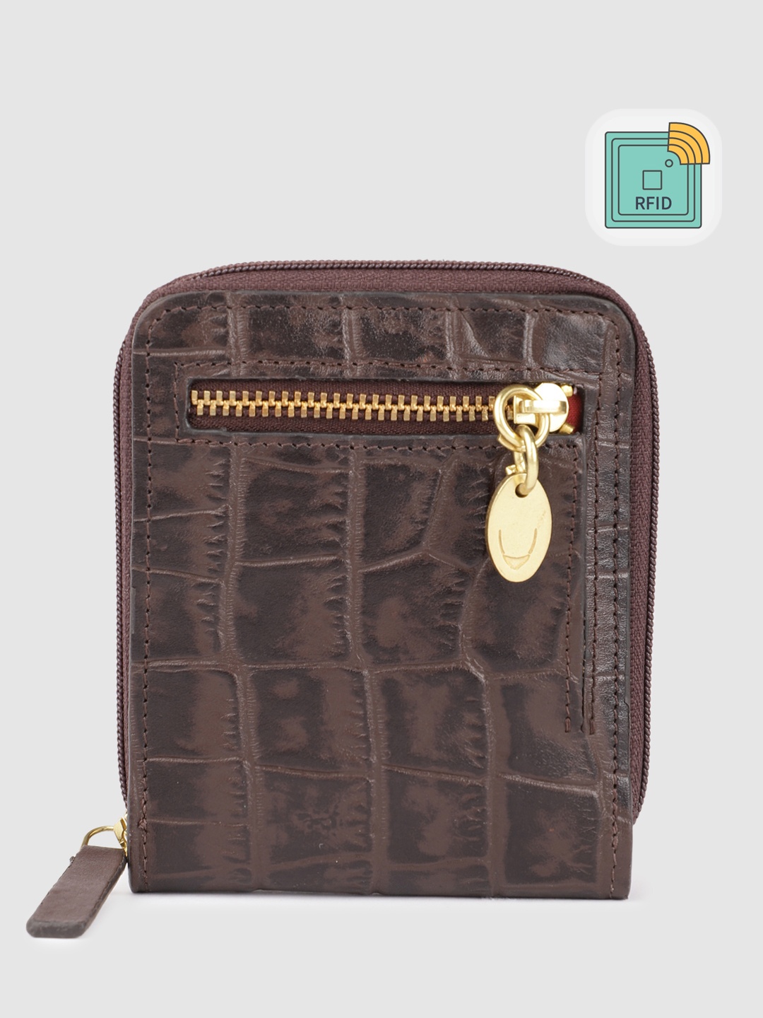 

Hidesign Women Croc Textured Leather Zip Around Wallet, Brown