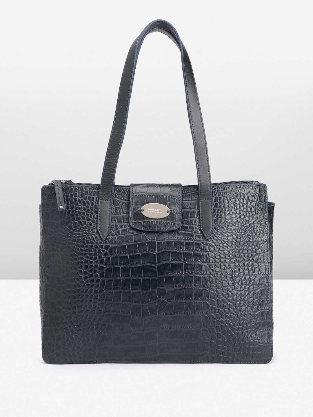 

Hidesign Animal Textured Leather Structured Shoulder Bag with Laptop Sleeve, Navy blue