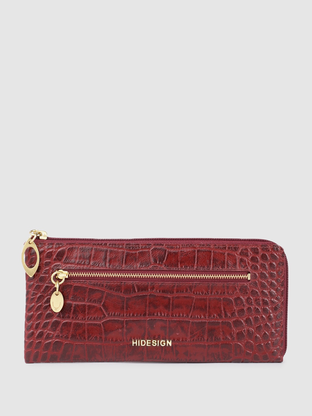

Hidesign Women Croc Textured Leather Zip Around Wallet, Maroon