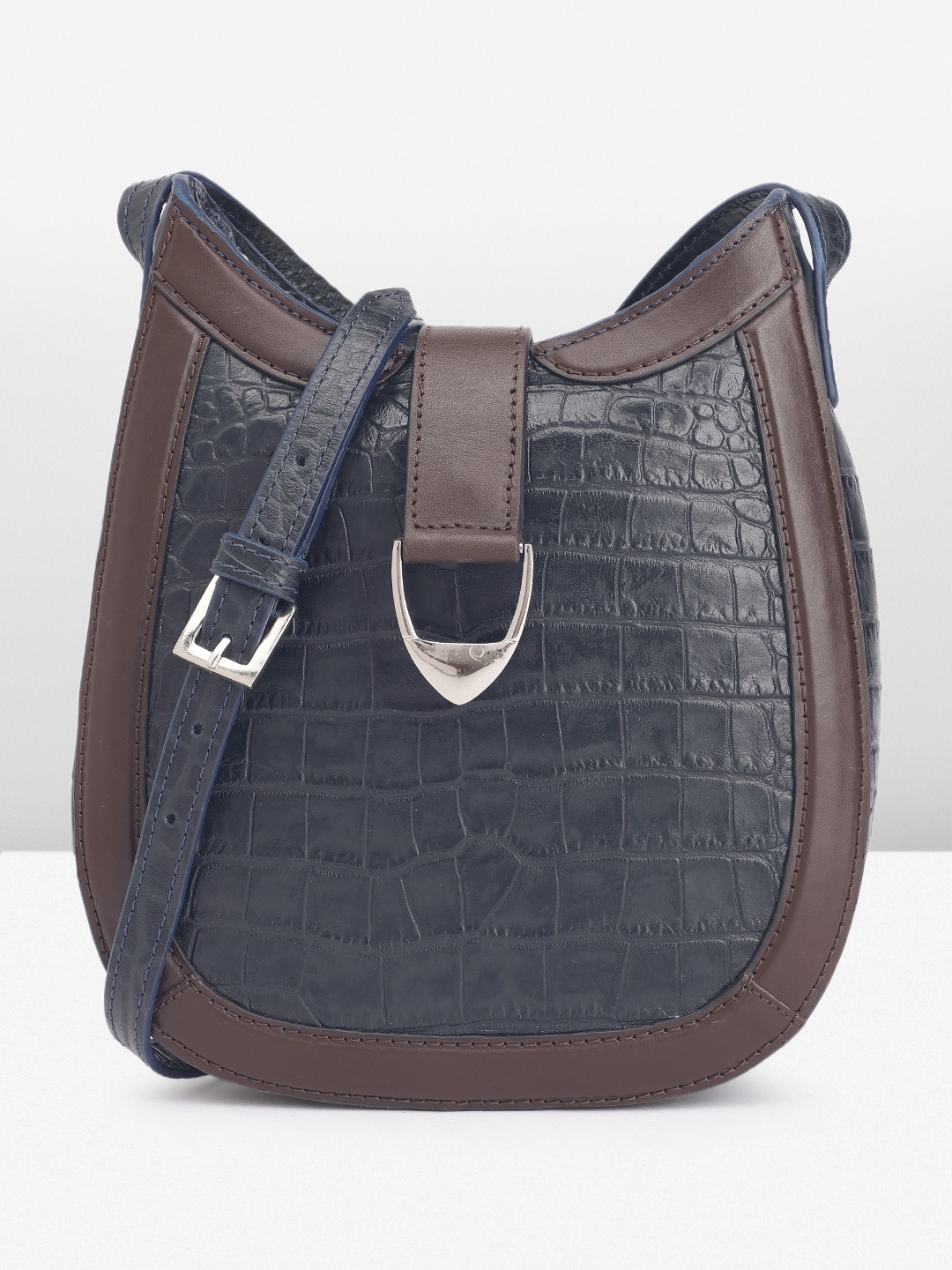 

Hidesign Animal Textured Leather Structured Sling Bag, Navy blue