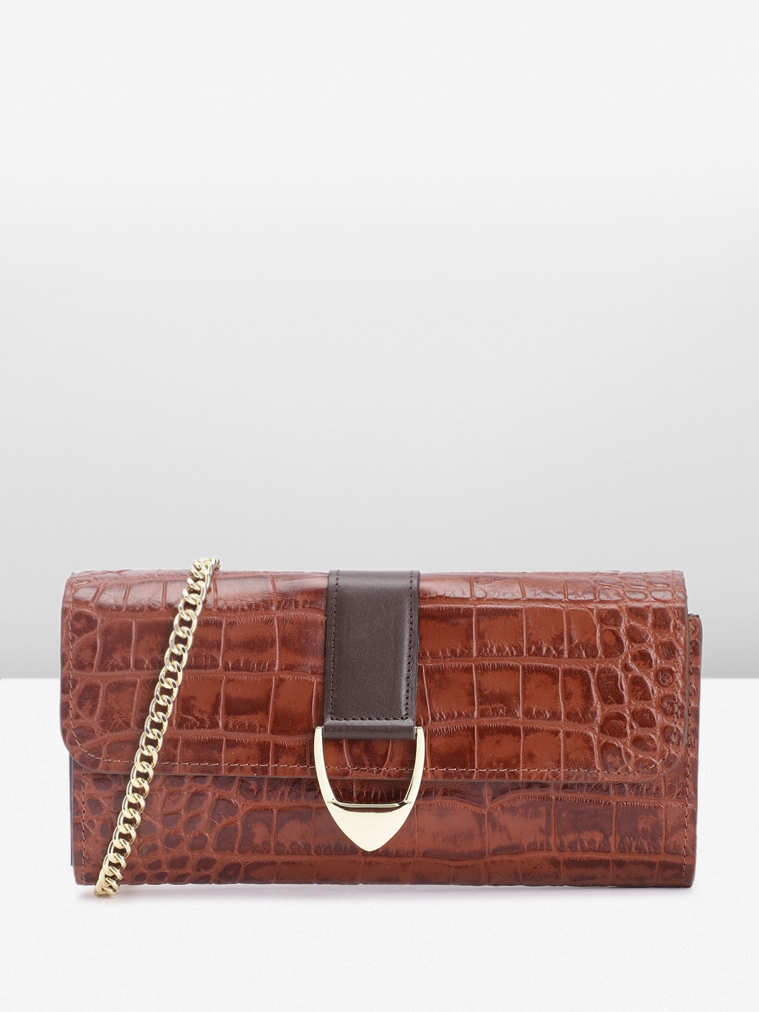 

Hidesign Women Crocodile Textured Buckle Detail Leather Envelope Wallet With Sling Strap, Brown