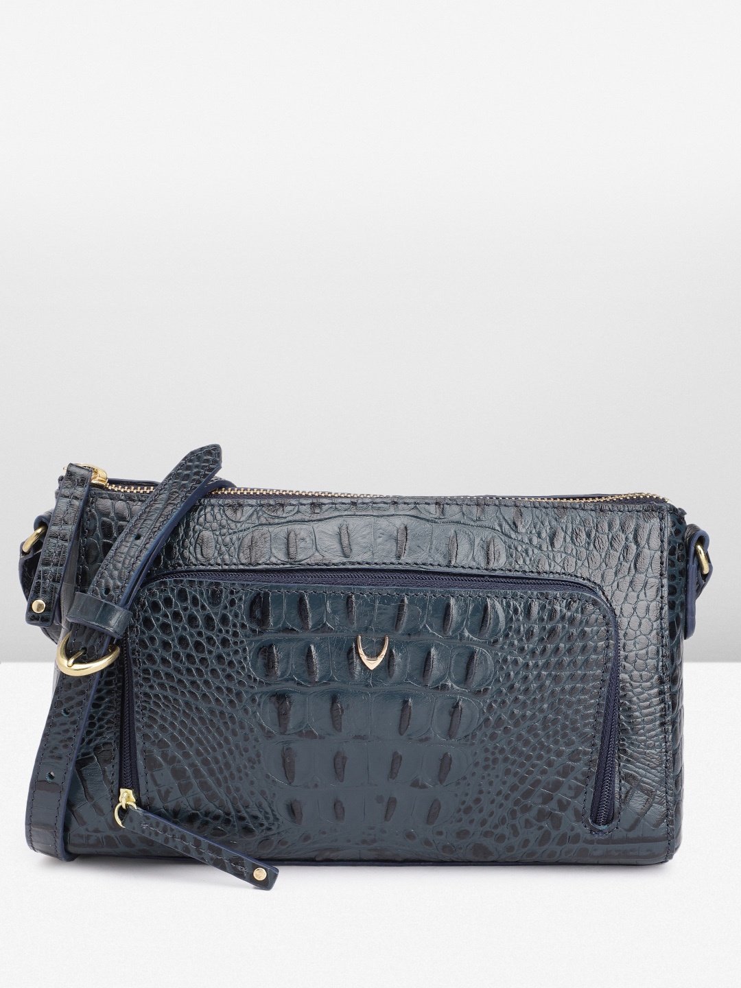 

Hidesign Animal Textured Leather Structured Sling Bag, Navy blue