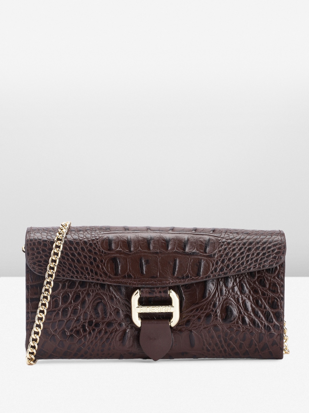 

Hidesign Women Crocodile Textured Buckle Detail Leather Envelope Wallet With Sling Strap, Brown