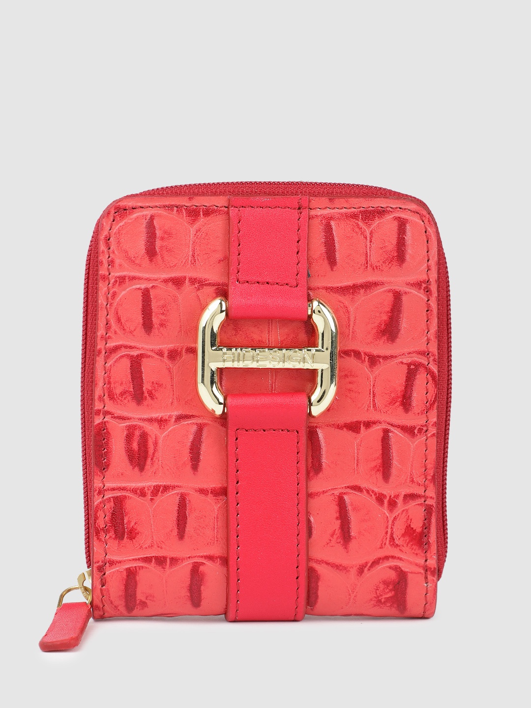 

Hidesign Women Croc Textured Buckle Detail Leather Zip Around Wallet, Pink