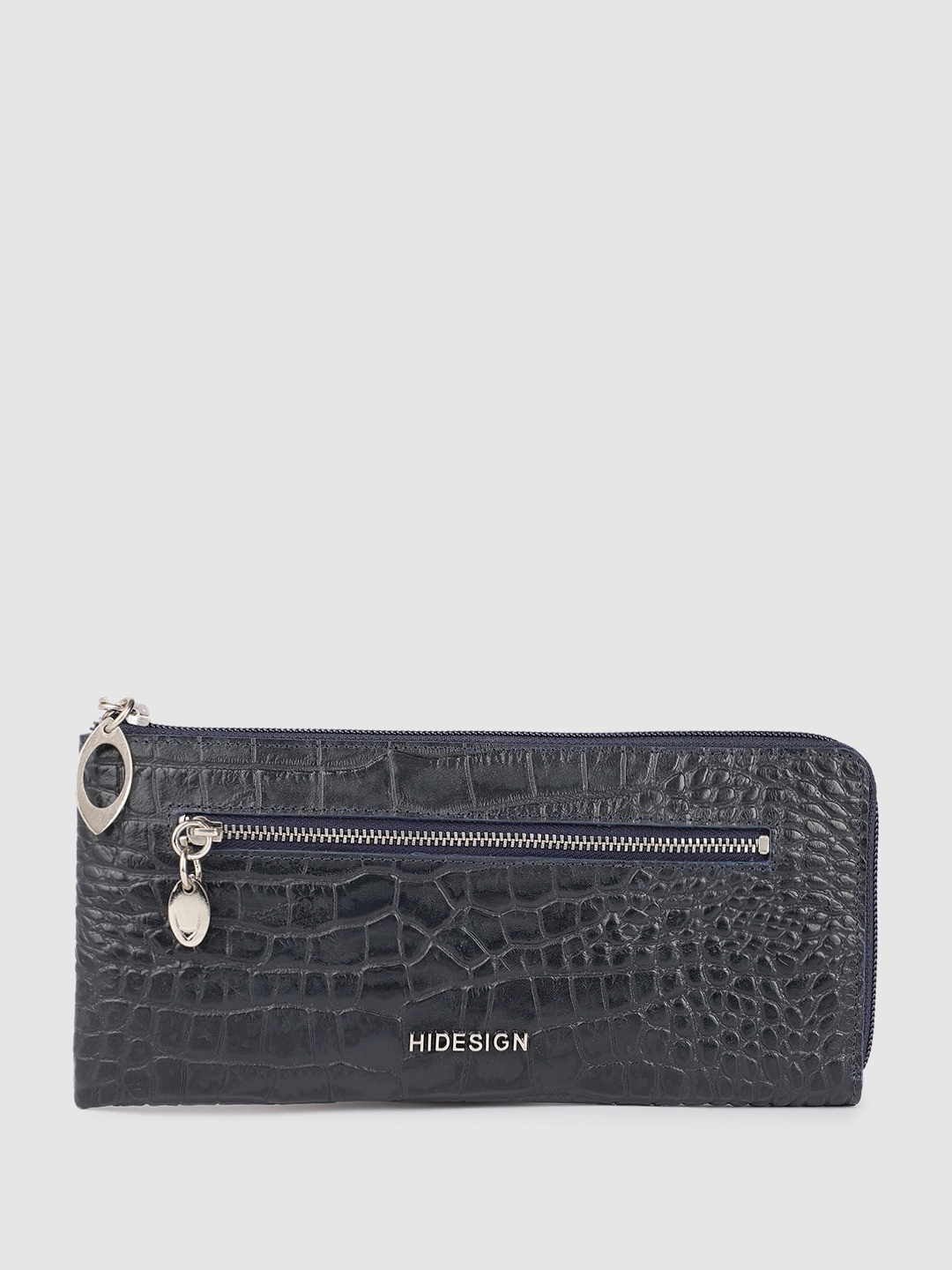 

Hidesign Women Croc Textured Leather Zip Around Wallet, Navy blue