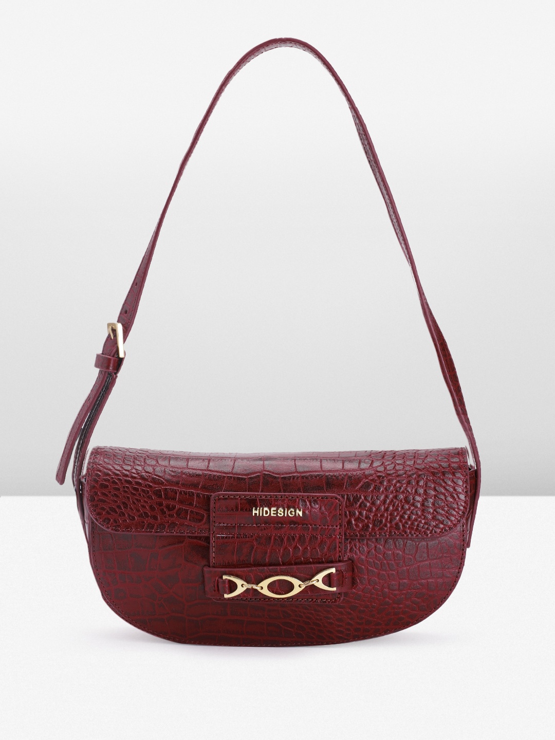 

Hidesign Crocodile Textured Leather Half Moon Shoulder Bag With Chunky Embellished Detail, Maroon