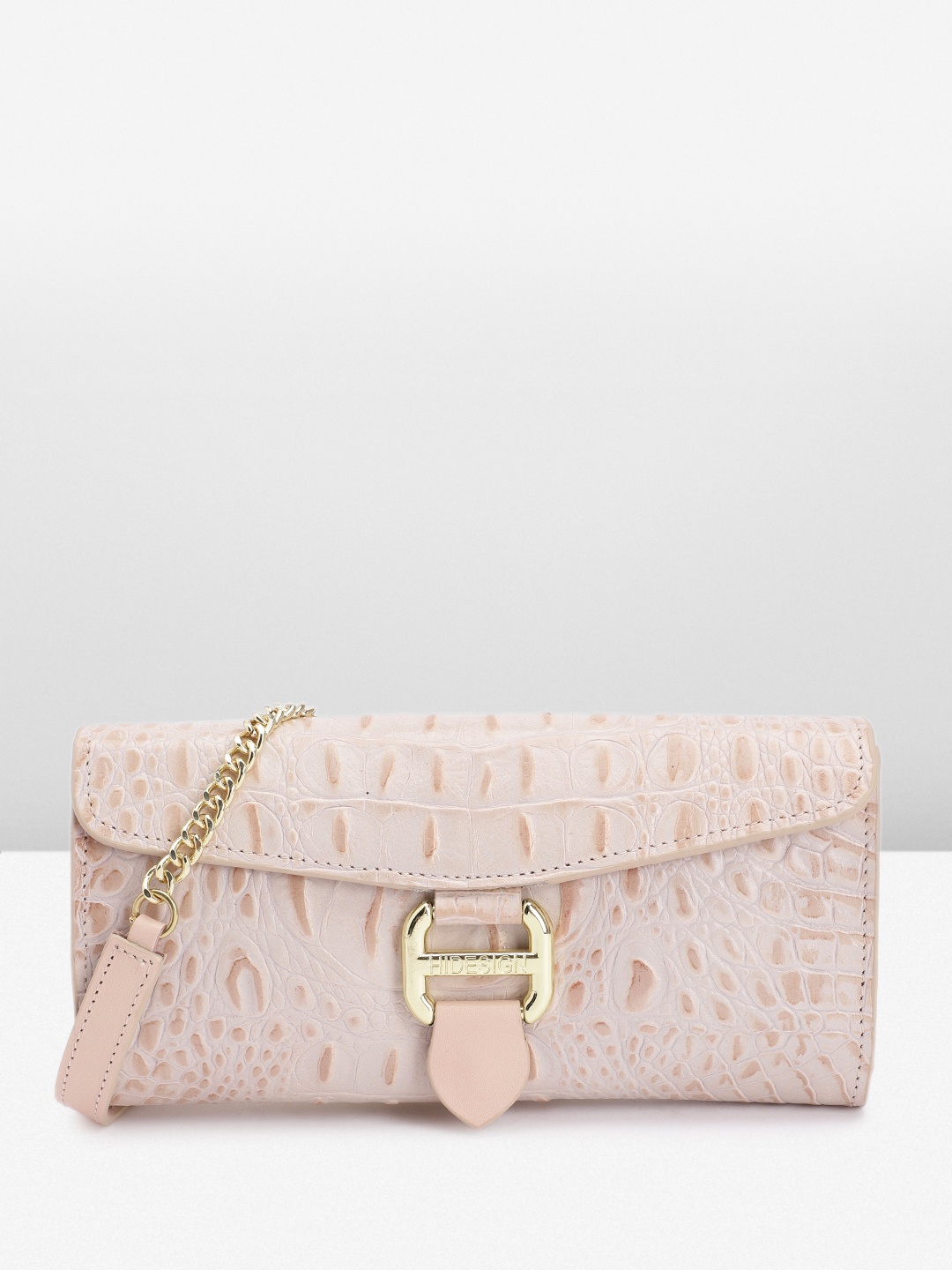 

Hidesign Women Croc Textured Buckle Detail Leather Envelope, Nude