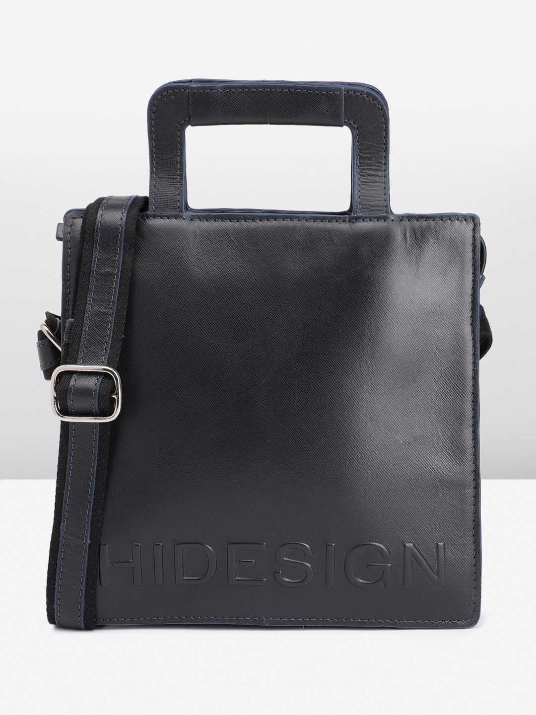 

Hidesign Brand Logo Debossed Leather Handheld Bag, Navy blue
