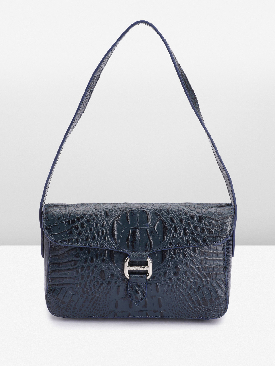 

Hidesign Crocodile Textured Leather Structured Baguette Bag With Buckle Detail, Navy blue