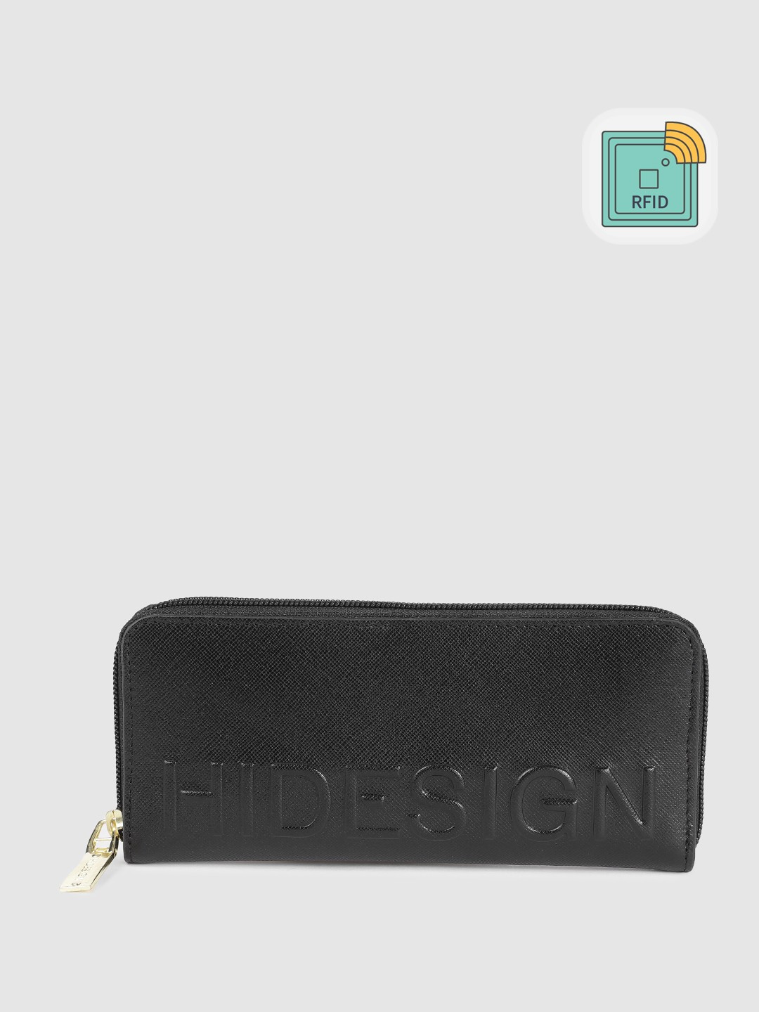 

Hidesign Women Brand Logo Debossed Leather Zip Around Wallet, Black
