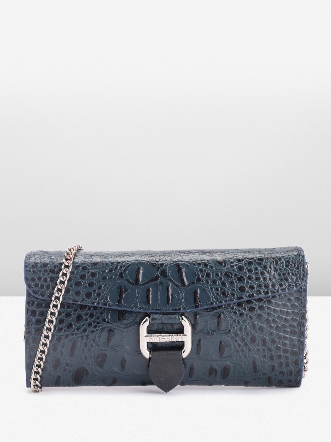 

Hidesign Women Crocodile Textured Buckle Detail Leather Envelope Wallet With Sling Strap, Navy blue