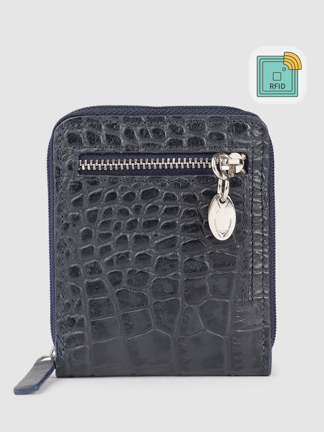 

Hidesign Women Croc Textured Leather Zip Around Wallet, Navy blue