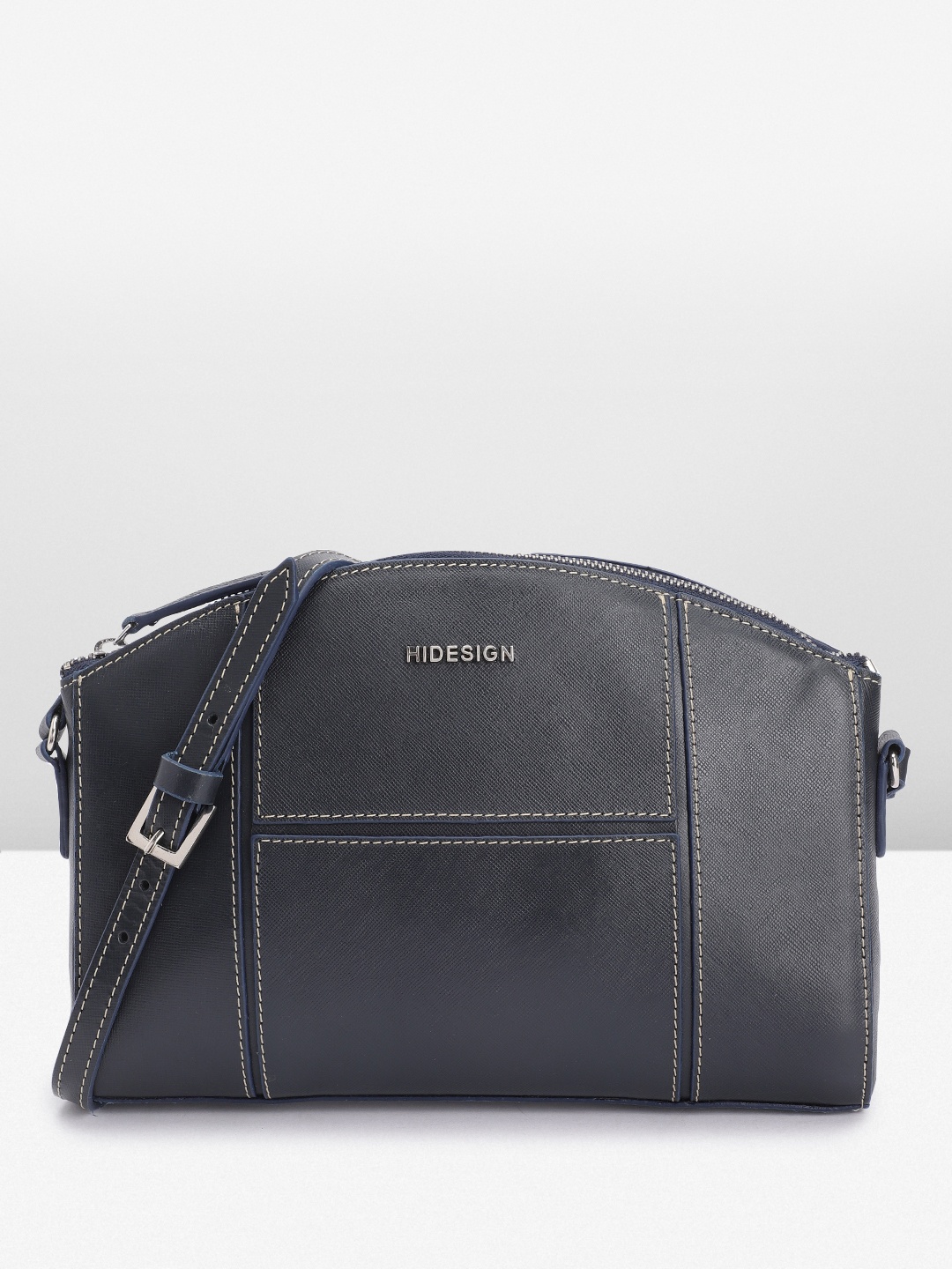 

Hidesign Solid Leather Structured Sling Bag, Navy blue