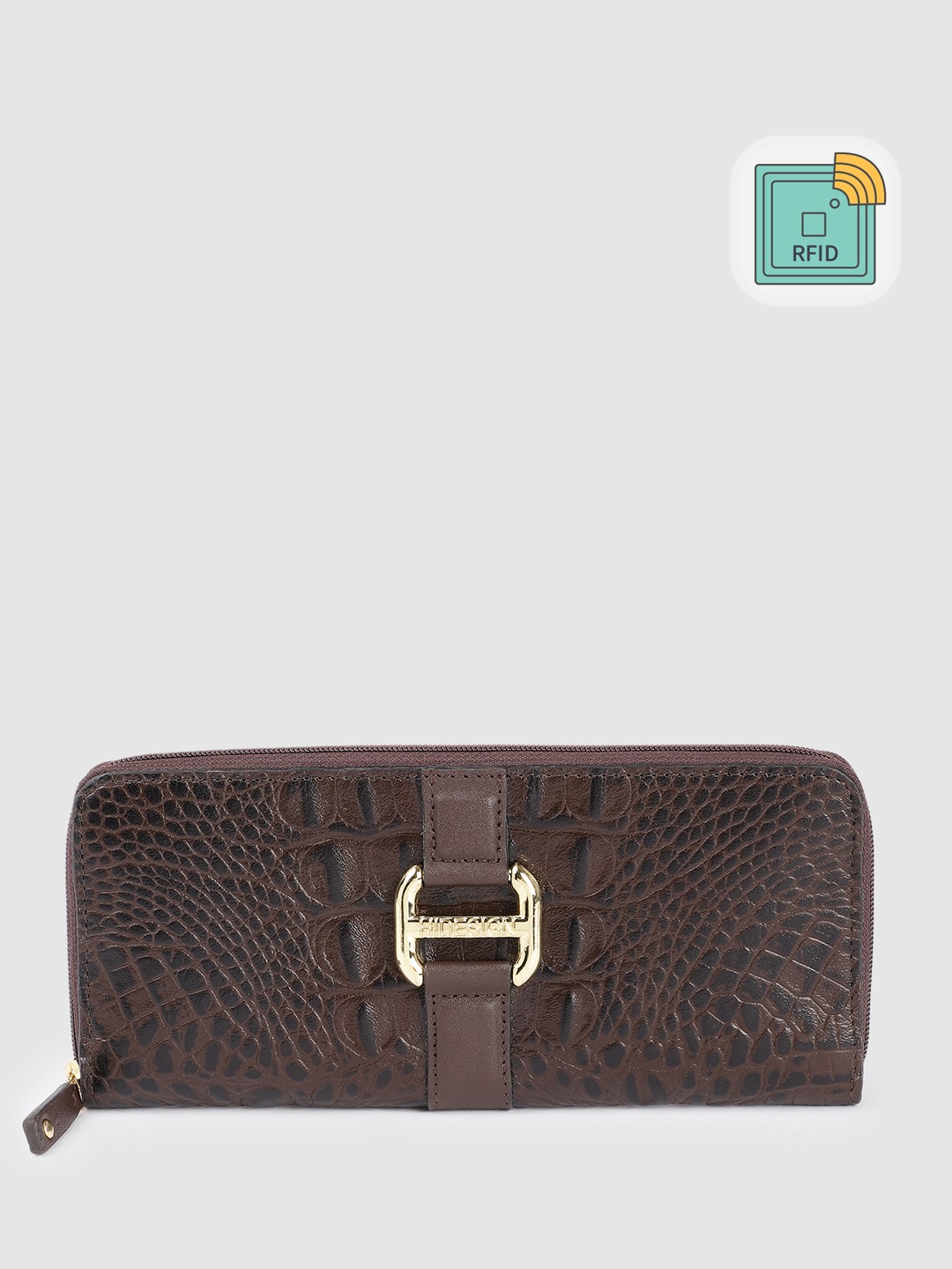 

Hidesign Women Croc Textured Leather Zip Around Wallet, Brown