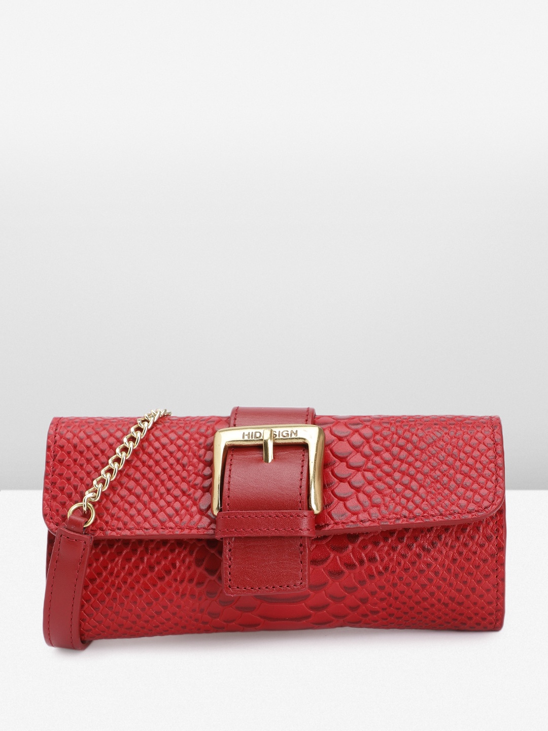 

Hidesign Women Animal Textured Leather Envelope Wallet with Sling Strap, Red