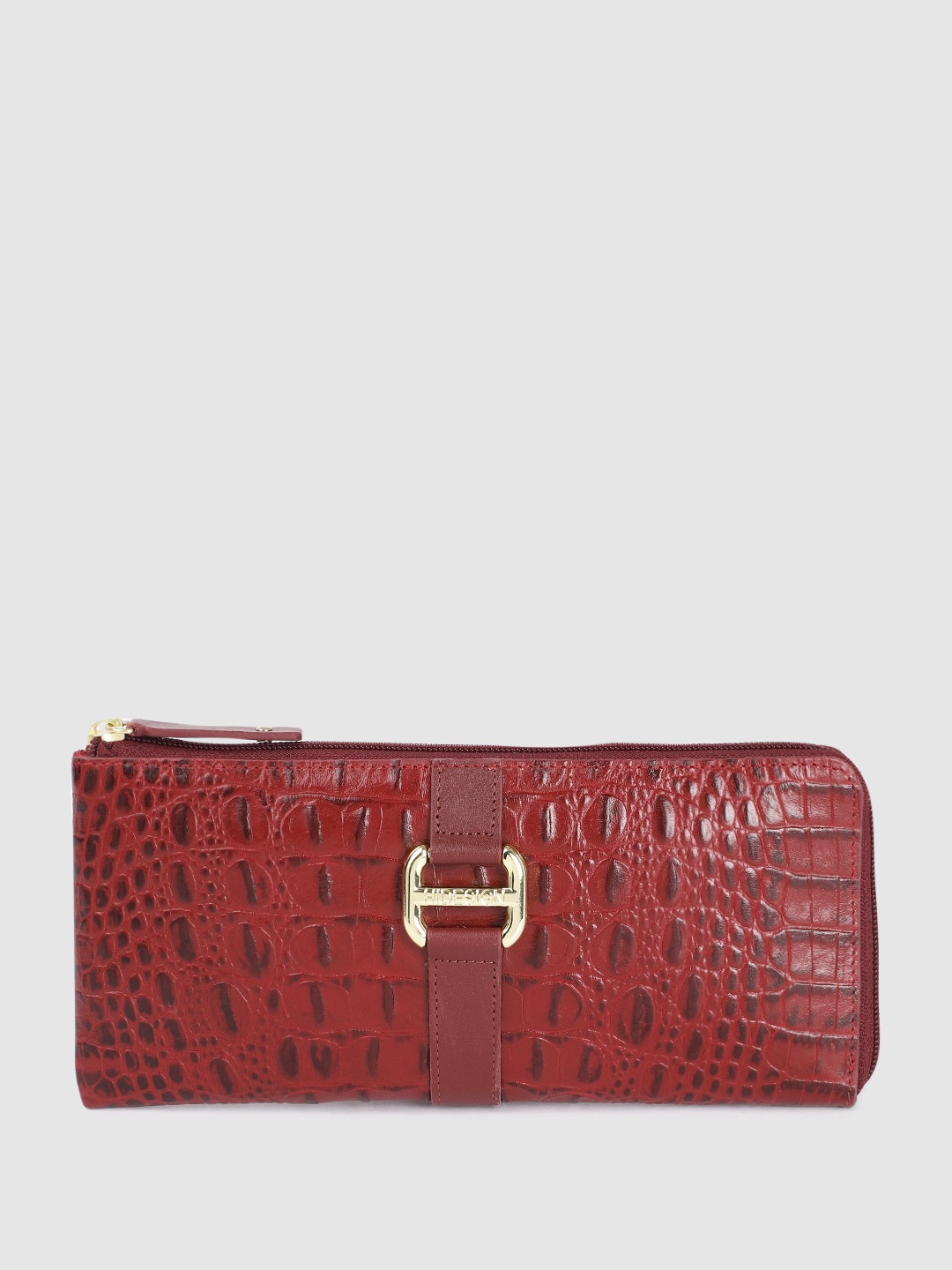 

Hidesign Women Crocodile Textured Buckle Detail Leather Zip Around Wallet, Maroon