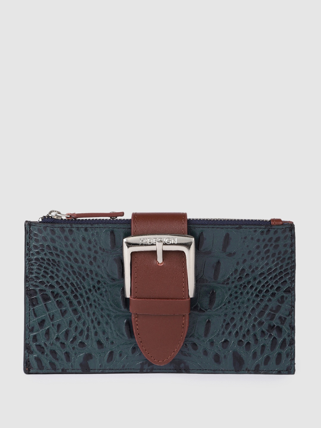

Hidesign Women Textured Buckle Detail Leather Two Fold Wallet, Navy blue