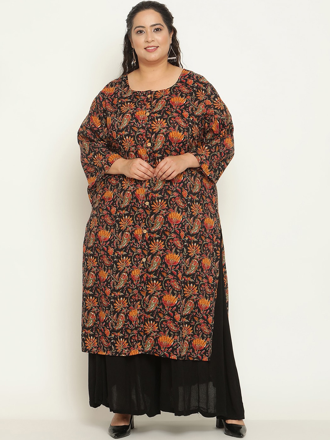 

Sringam Plus Size Floral Printed Pure Cotton Kurta, Black
