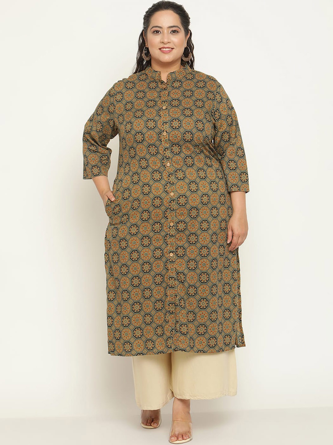 

Sringam Plus Size Ethnic Motifs Printed Mandarin Collar Cotton Kurta, Green