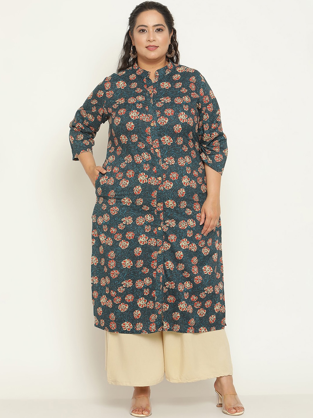 

Sringam Plus Size Ethnic Motifs Printed Mandarin Collar Cotton Kurta, Navy blue