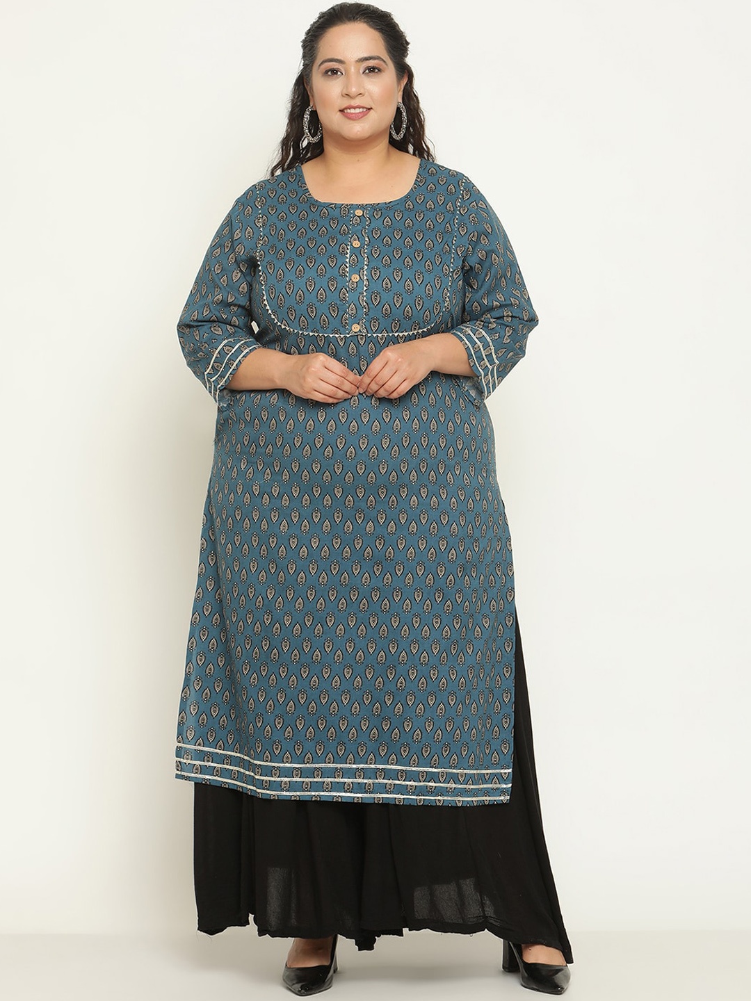 

Sringam Plus Size Ethnic Motifs Printed Mandarin Collar Gotta Patti Cotton Kurta, Teal