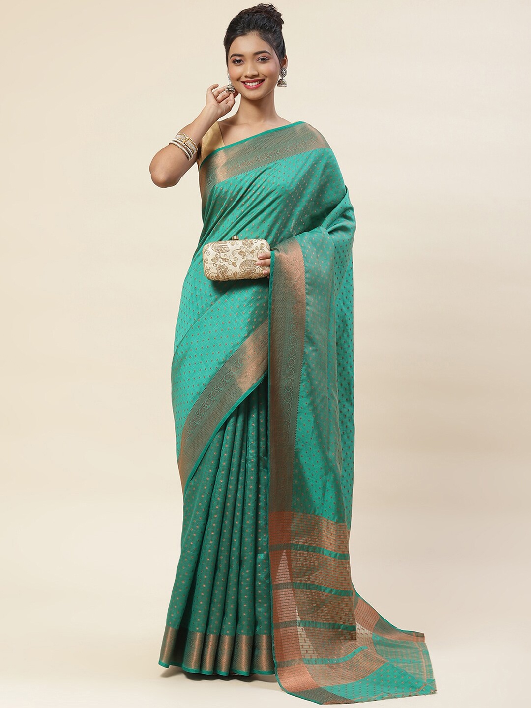 

Meena Bazaar Ethnic Motif Zari Art Silk Saree With Blouse Piece, Green