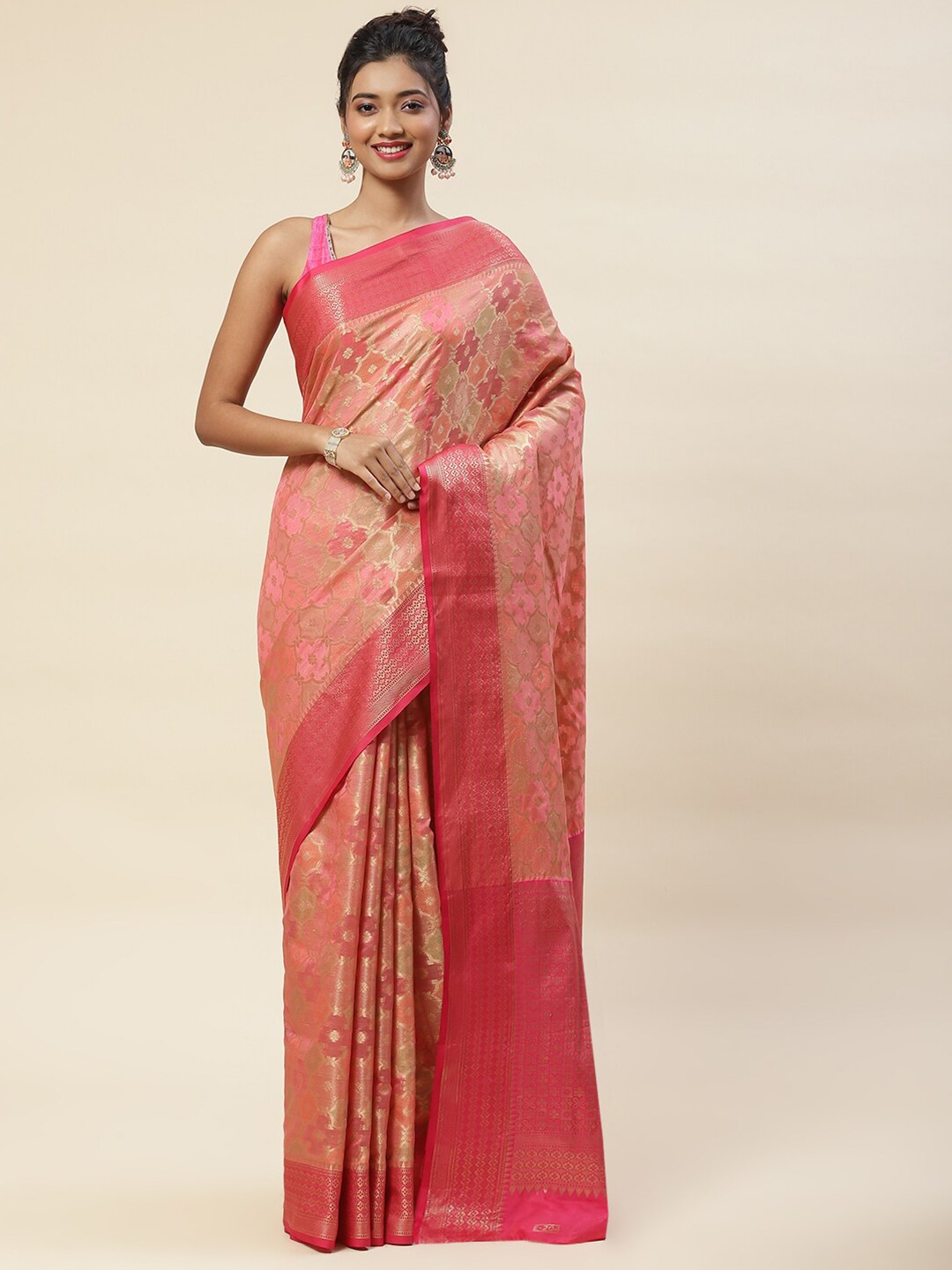 

Meena Bazaar Ethnic Motif Zari Art Silk Saree With Blouse Piece, Pink