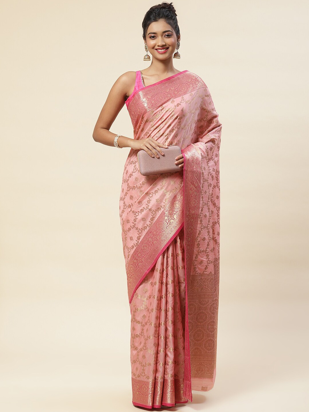 

Meena Bazaar Ethnic Motif Zari Art Silk Saree With Blouse Piece, Pink