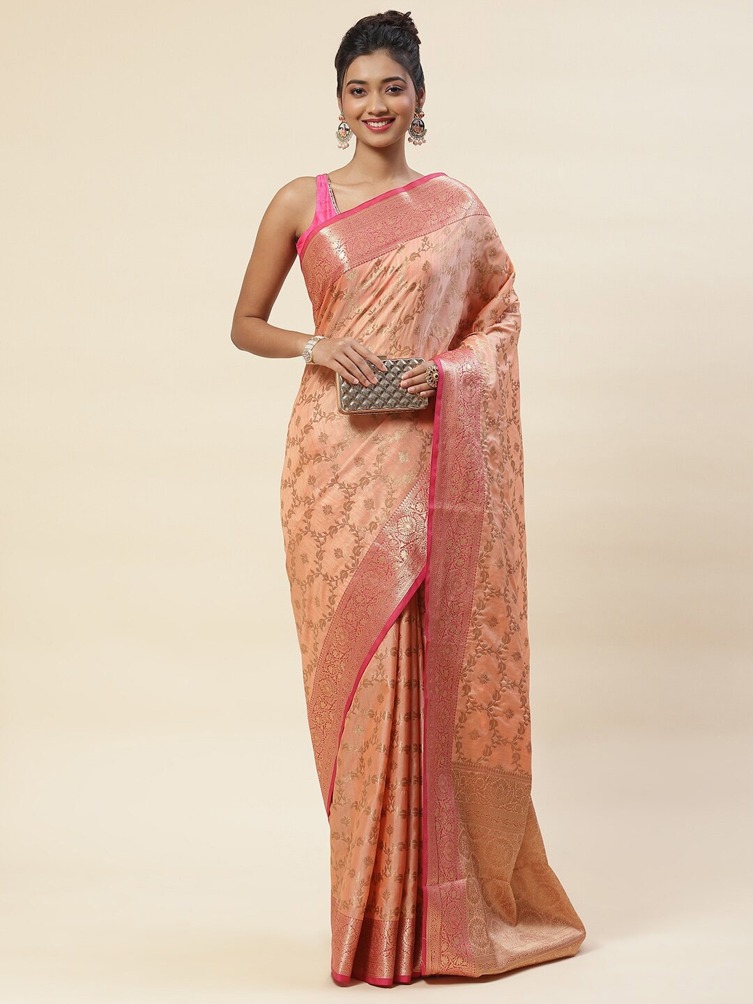 

Meena Bazaar Ethnic Motif Zari Art Silk Saree With Blouse Piece, Peach