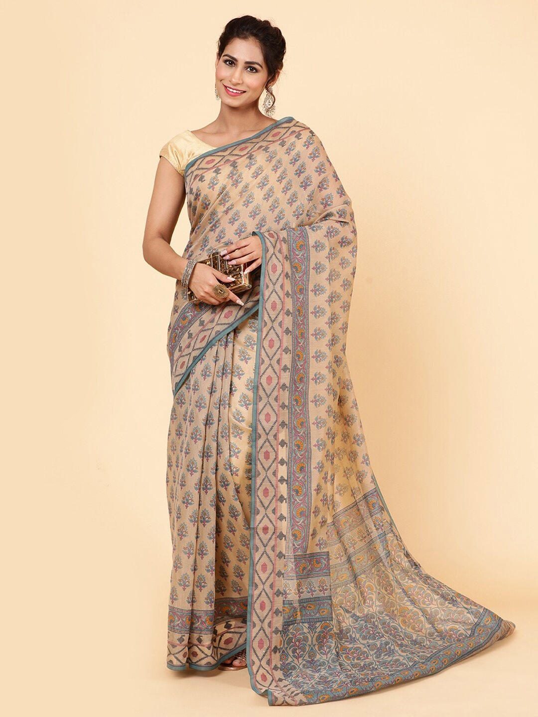 

Meena Bazaar Ethnic Motif Printed Saree With Blouse Piece, Blue