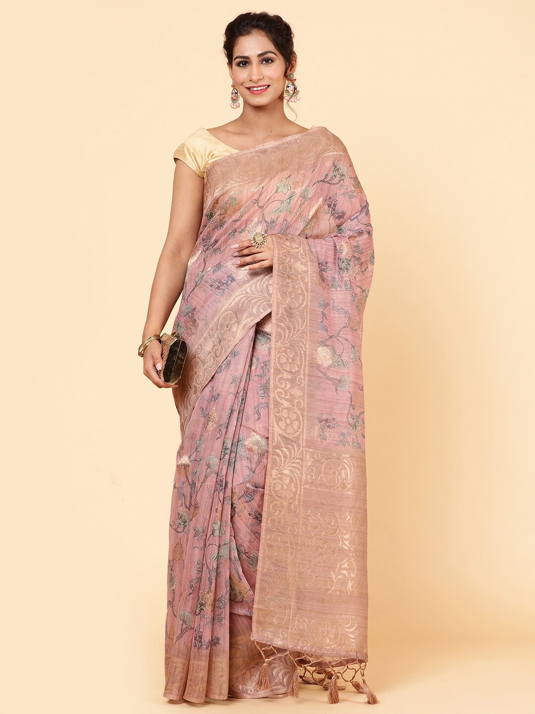 

Meena Bazaar Floral Printed Zari Chanderi Saree, Pink