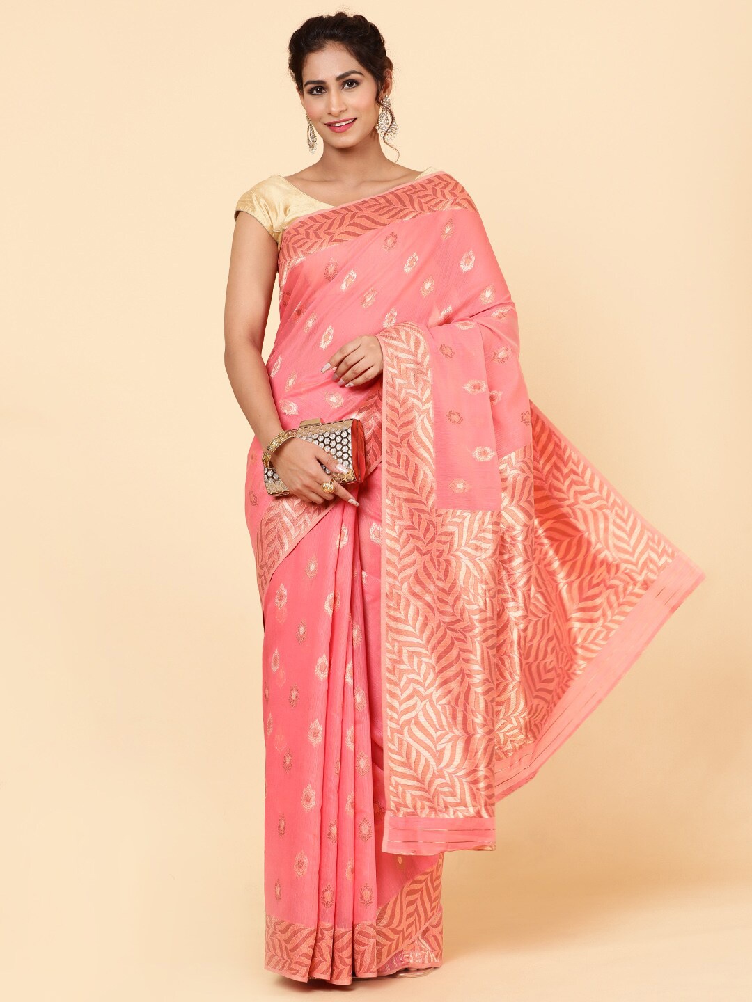 

Meena Bazaar Ethnic Motif Woven Design Zari Saree, Peach