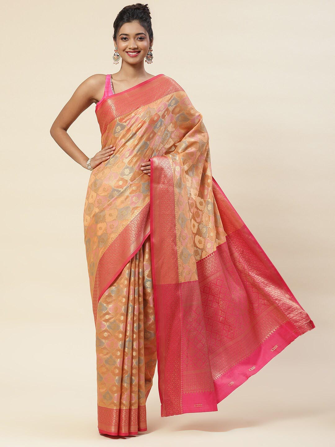 

Meena Bazaar Ethinic Motif Woven Design Zari Handloom Saree, Peach